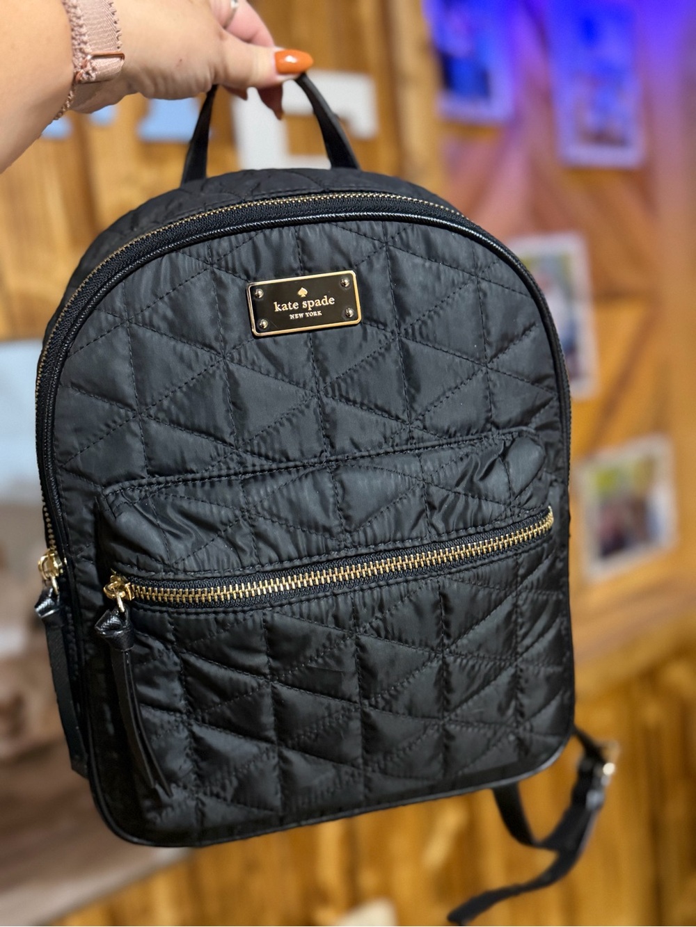 kate spade Black Quilted Backpack with Gold Plaque